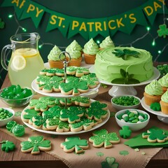 St. Patrick's Day themed setup with green shamrock shaped cookies