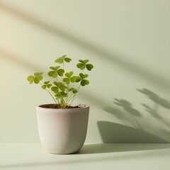 A small potted plant likely a species of Oxalis sits in a simple white ceramic pot.