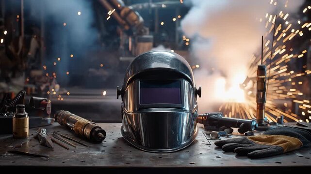 Welding helmet and tools on a workbench with sparks flying in the background