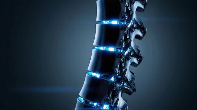 Futuristic illuminated spinal column with metallic vertebra and glowing blue light segments