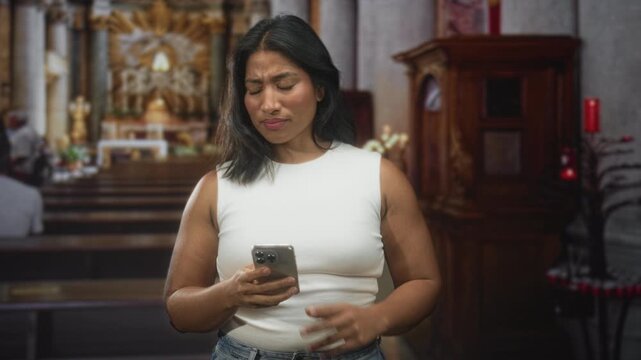 Woman holding smartphone, hands typing and frowning while standing in a church aisle inside a building; quiet concern.