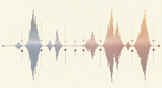 Sound wave pattern with colorful gradient peaks and troughs on a beige background for music or audio visualization