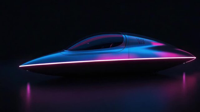 Futuristic pod car and sleek vehicle neon blue pink hovercraft with reflective glossy cockpit glow
