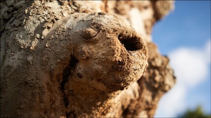 Obraz premium burl. A detailed close-up of a large, gnarled burl on a tree trunk, distorting the straight grain of the wood. gardening catalogs, home-decor guides, designed for home decor and floral branding.