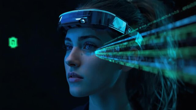Futuristic woman headset hologram augmented reality virtual reality data stream glowing overlays