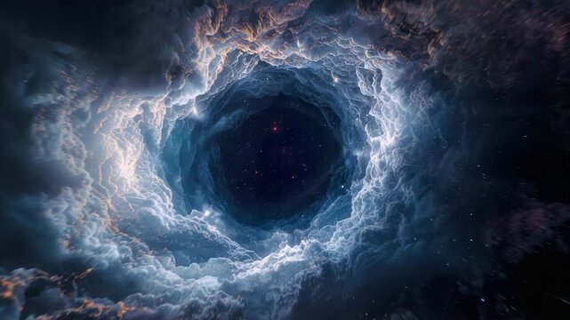 Ethereal cosmic vortex with luminous cloud ring and swirling nebula space galaxy tunnel revealing