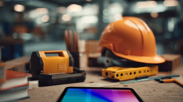 A tablet and books with tools and a hard hat on a workbench in a warehouse or factory setting with various equipment
