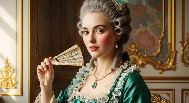 Artistic depiction of a woman in historical formal attire
