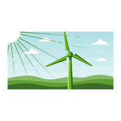 A green wind turbine in a sunny green landscape © mim