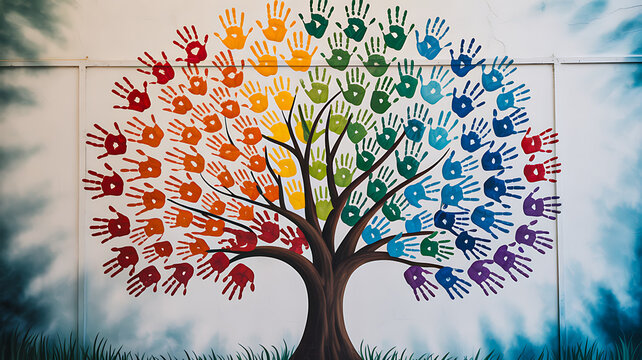 Colorful diversity tree made of multicolored handprints symbolizing unity and community