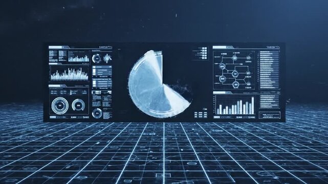 Futuristic data visualization displaying analytics and pie chart on grid surface from aerial viewpoint