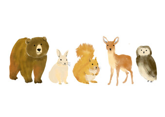 Cute woodland animals watercolor set &ndash; hand drawn forest animal collection.  rabbit, bear, deer, squirrel, owl