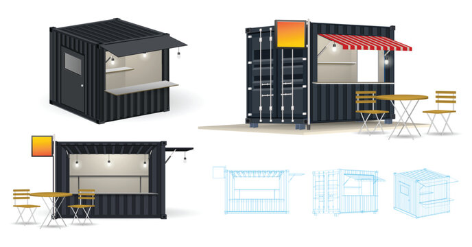 Modern Shipping Container Cafe Kiosk with Outdoor Seating and Street Food Concept.