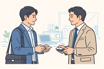 Fototapeta premium オフィスで名刺交換をするビジネスマン2人のイメージ