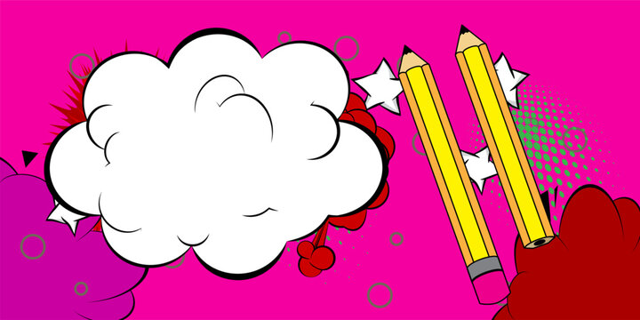 Cartoon Pencil with blank speech bubble, comic book Art Product background. Retro vector comics pop art design.
