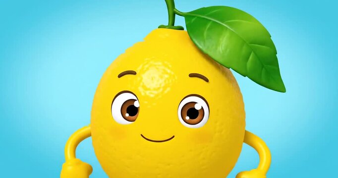 Cartoon lemon character with leaf.