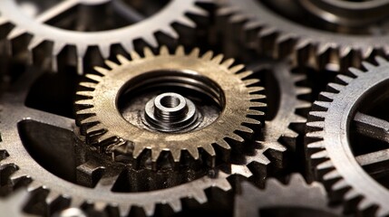 perpetual. Abstract mechanical gears in motion, interlocking metal components with polished surfaces. safety posters.