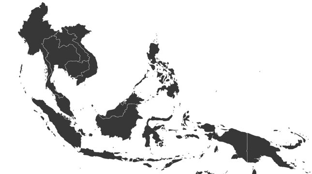 Southeast Asia and Oceania Map - Countries Silhouettes on White Background, Detailed Geographic Vector Illustration for Design Projects