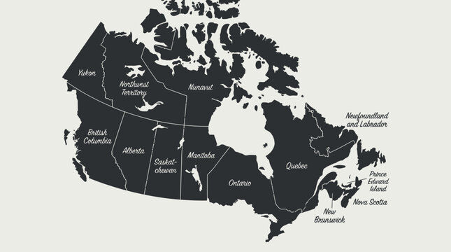 Modern Monochrome Map of Canada with All Provinces and Territories Labeled - Minimalist Design