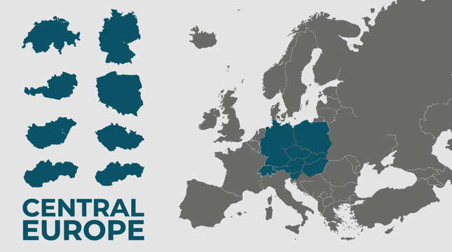 Central Europe Political Map with Highlighted Countries and Separate Individual Outlines - Germany, Poland, Austria, Switzerland, Hungary, Czech Republic, Slovakia, Slovenia