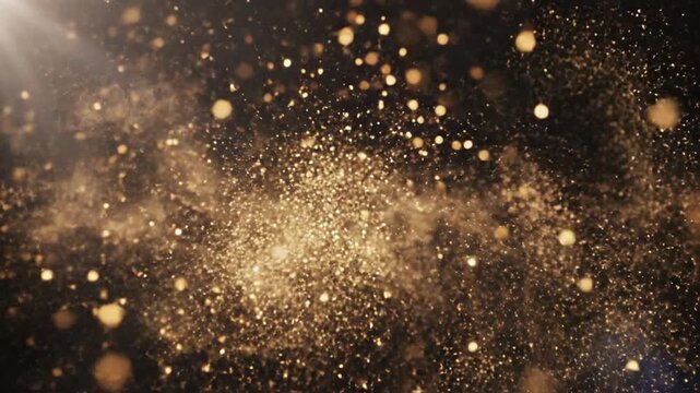 Golden particles exploding in a dark space viewed from a close-up perspective