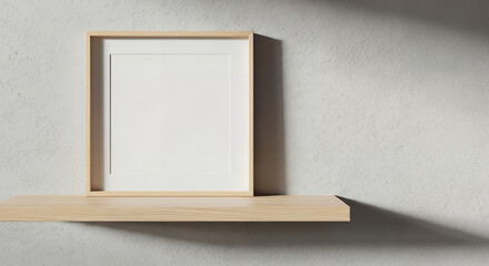 A wooden shelf with a framed picture on a grey wall casting a shadow