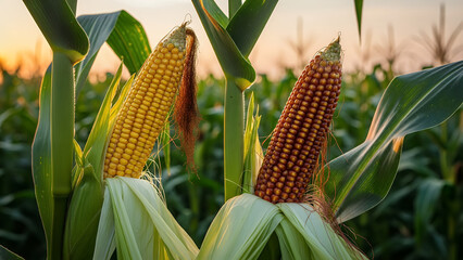 Golden corn cobs ripening in a lush green field at sunset, a vibrant agricultural landscape viewed close-up.