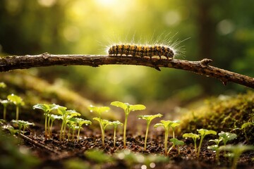 Fototapeta premium Fuzzy Caterpillar's Journey: A Macro View of Life's Beginnings in Nature