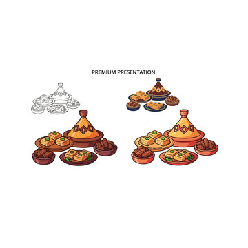 Traditional moroccan tagines and dishes on plates