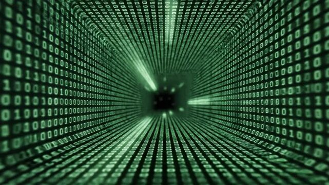 Futuristic digital tunnel with binary code and neon lights viewed from inside