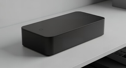 Black electronic device on a white table with a laptop nearby viewed from above