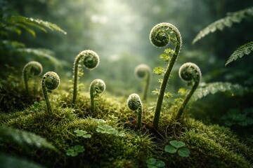 Spring's Unfurling: A Symphony of Ferns in a Dew-Kissed Forest Glade