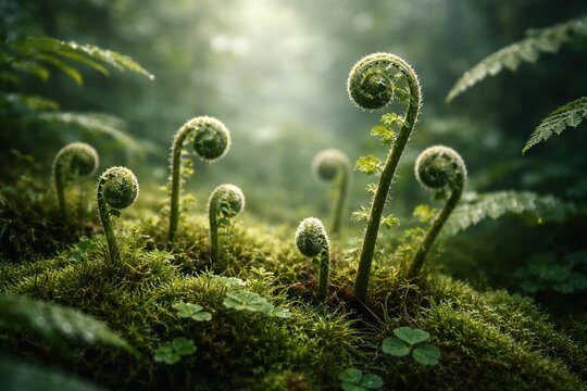 Spring's Unfurling: A Symphony of Ferns in a Dew-Kissed Forest Glade
