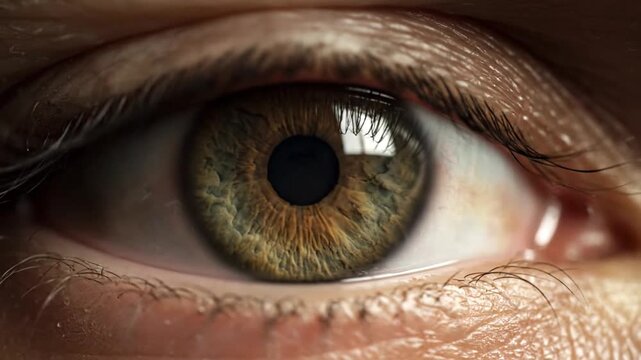 A detailed close-up view of a human eye showcasing the intricate details of the iris and surrounding skin texture