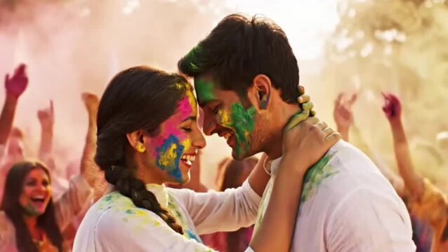 Indian couple putting colors at each other faces on Holi
