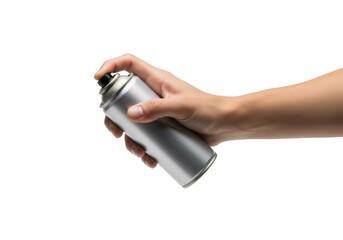 Hand holding silver aerosol spray can isolated on transparent background