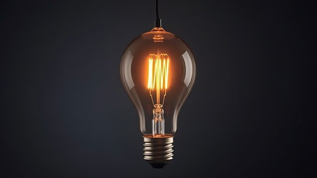 A glowing lightbulb with visible filament, centered in a dark studio setting.