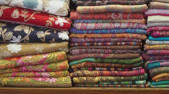 Colorful fabrics stacked in a textile shop