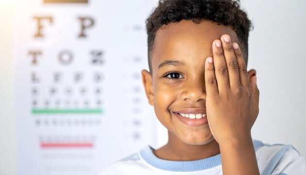Young Boy Having Eye Exam with Chart.