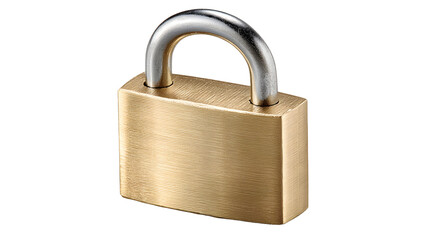 Naklejka premium Brass padlock with metal shackle, security and protection concept, isolated on white background