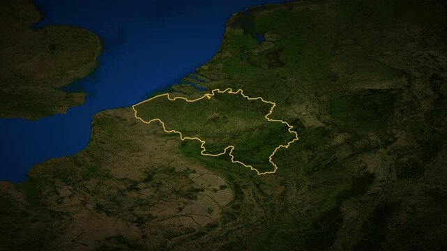 Belgium high resolution 4k satellite map locator video cinematic zoom animation with 3d drop shadow and illuminated border European travel geography and geopolitical news broadcasting asset