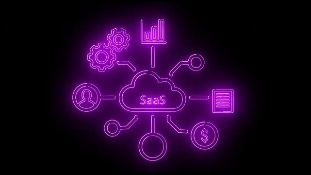 Neon purple SaaS infographic with icons and symbols on a black background, conveying a technological and software concept.
