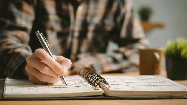 A hand holds a pen, making notes in a planner, symbolizing daily planning and time management. The warm atmosphere highlights focus, creativity, and personal growth in a modern lifestyle