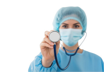 A medical professional wearing a surgical mask and holding a pen, isolated on transparent background