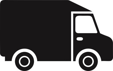 Black silhouette of a moving delivery truck with a large cargo box traveling