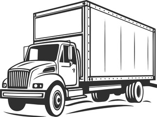 Monochromatic black silhouette of a delivery box truck icon vector illustration for transportation, logistics, moving, shipping, and cargo services &ndash; clean and modern graphic element