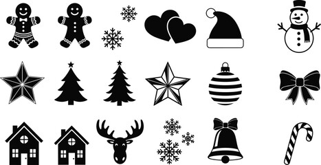 Christmas holiday silhouette icon set, gingerbread man snowman reindeer snowflake, winter celebration elements, xmas tree decoration, santa hat gift vector collection. © Bulbuli