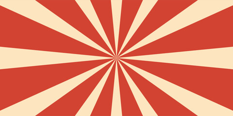 Retro red background with vintage circus sunburst. Psychedelic colorful swirl poster, abstract pattern in 70s carnival style. Hypnotic sunburst vector illustration. © towilah