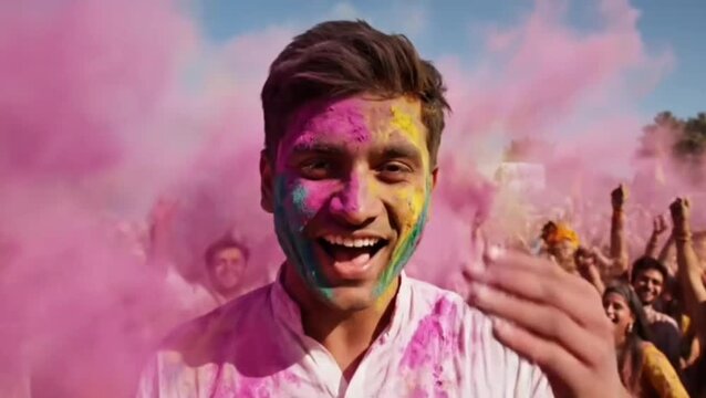 Man with colorful face paint during Holi
