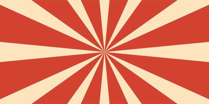 Retro red background with vintage circus sunburst. Psychedelic colorful swirl poster, abstract pattern in 70s carnival style. Hypnotic sunburst vector illustration.
